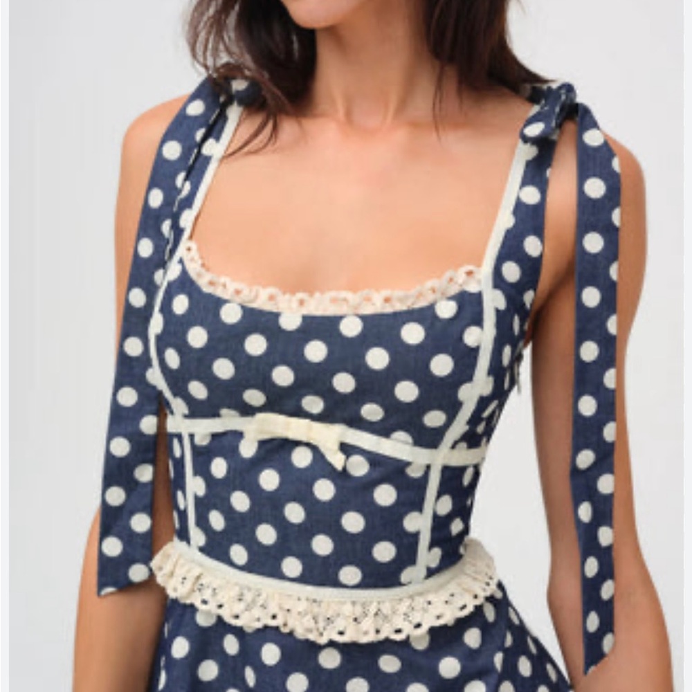 For Love and Lemons Dolly Denim Navy Polka Dot Dress - Picture 6 of 9